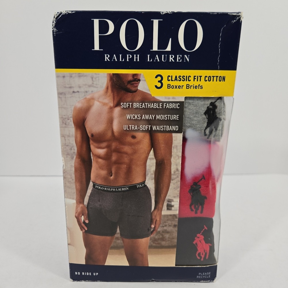 Polo Ralph Lauren Mens M Classic Fit Cotton Boxer Briefs 3 Pack Black Gray Red